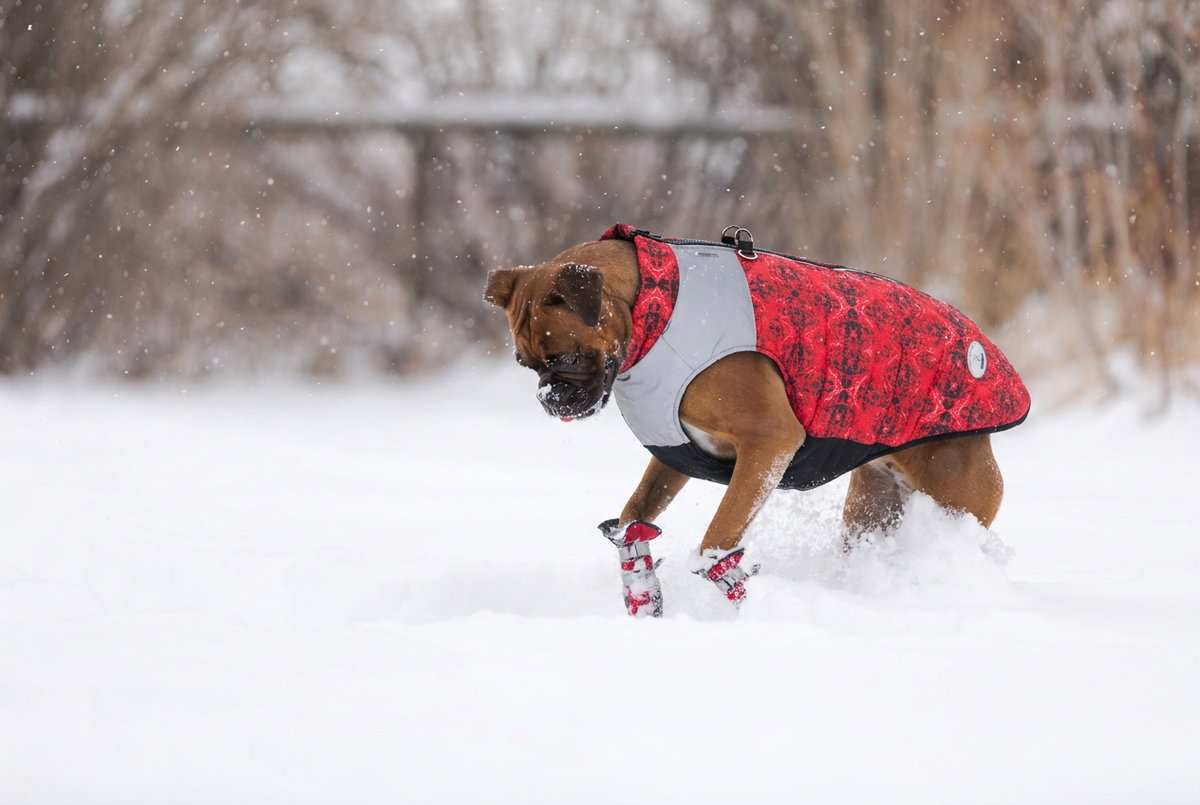 Dog in snow wearing the red patterned Zipper Puffie