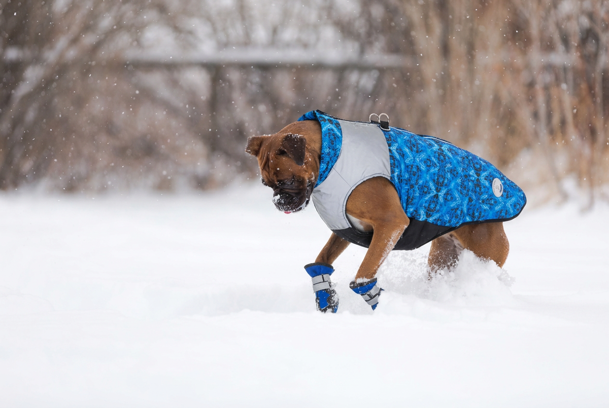 Dog wearing the blue patterned coat with matching solid-blue boot sections