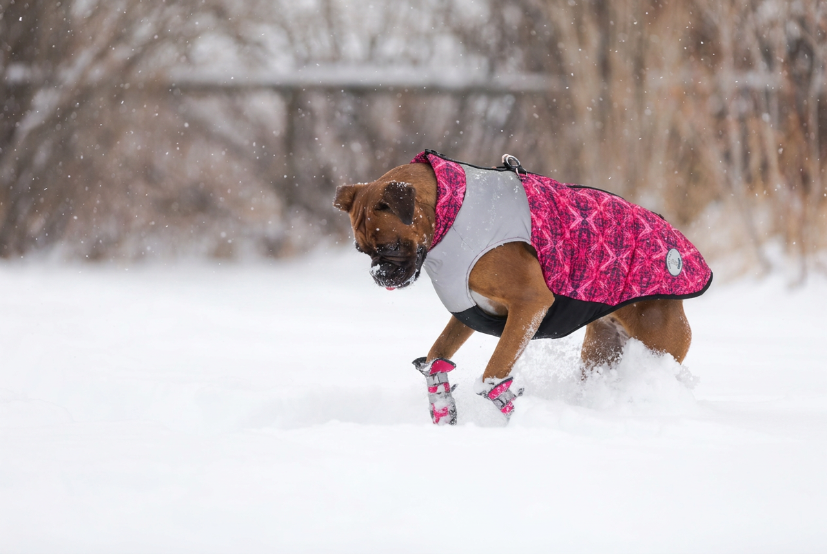 Dog wearing the pink patterned coat with matching solid-pink boot sections