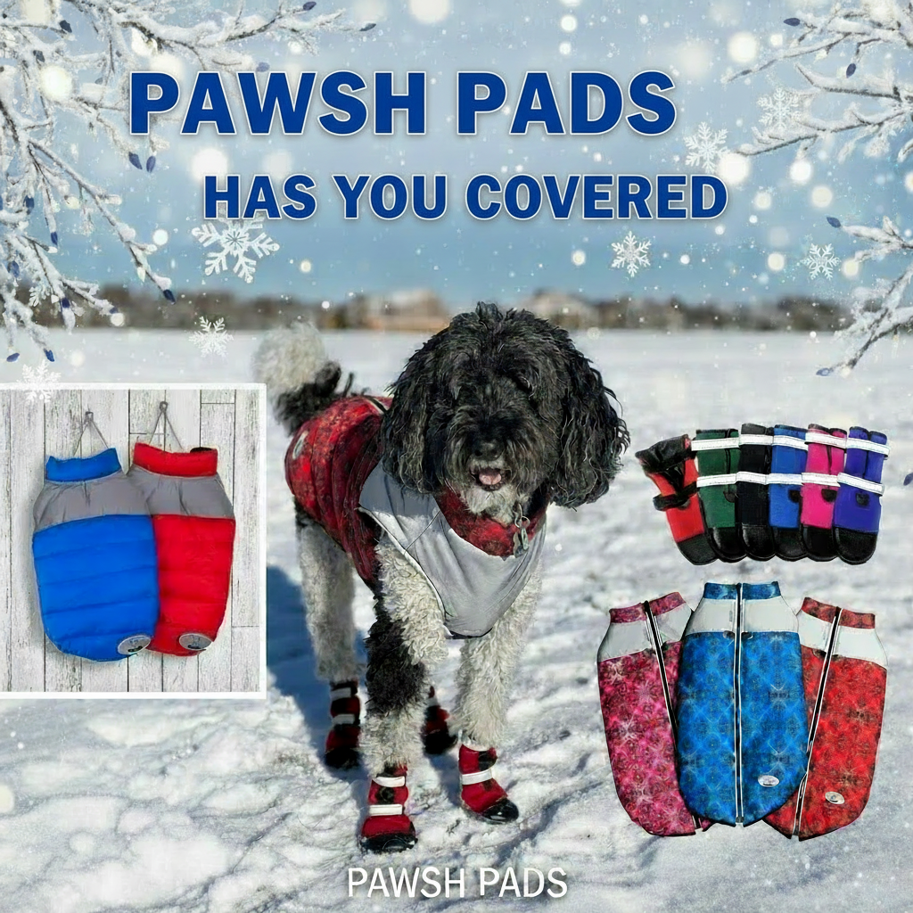 PAWSH PADS HAS YOU COVERED winter ad with blue and silver text